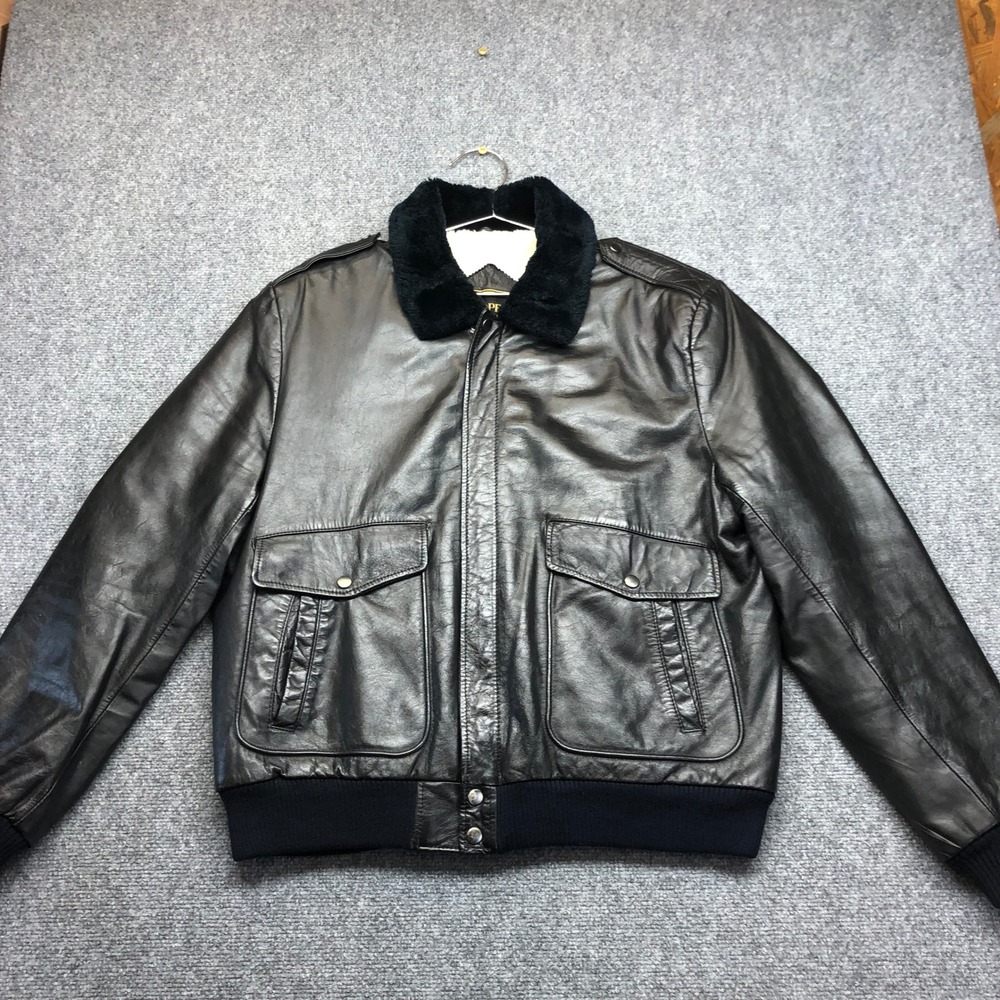 Cooper Mens Black Genuine Leather Flight Bomber Jacket Faux Fur Collar 44 Tall